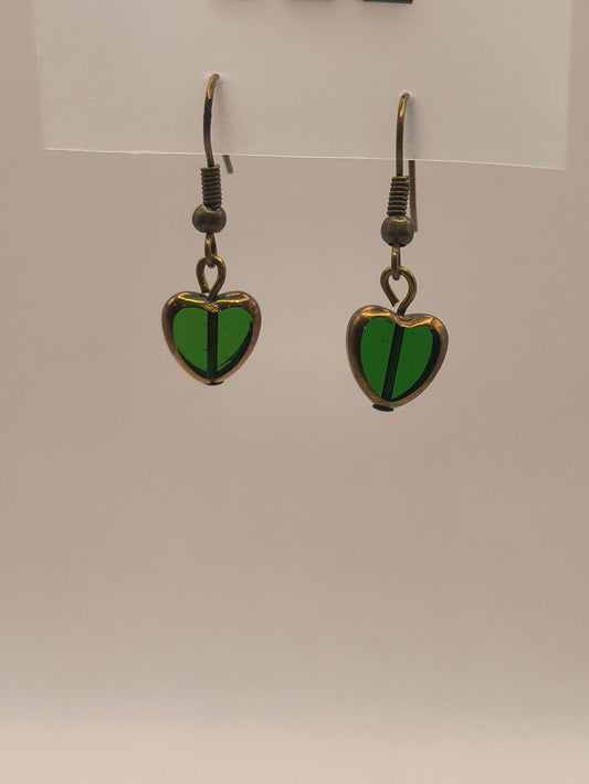 Green stained venetian glass earrings (hearts)