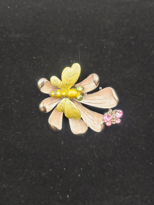 Yellow vintage butterfly on flower brooch